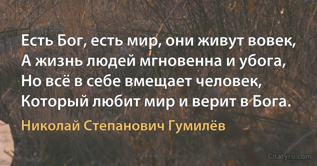 Есть Бог, есть мир, они живут вовек,
А жизнь людей мгновенна и убога,
Но всё в себе вмещает человек,
Который любит мир и верит в Бога. (Николай Степанович Гумилёв)