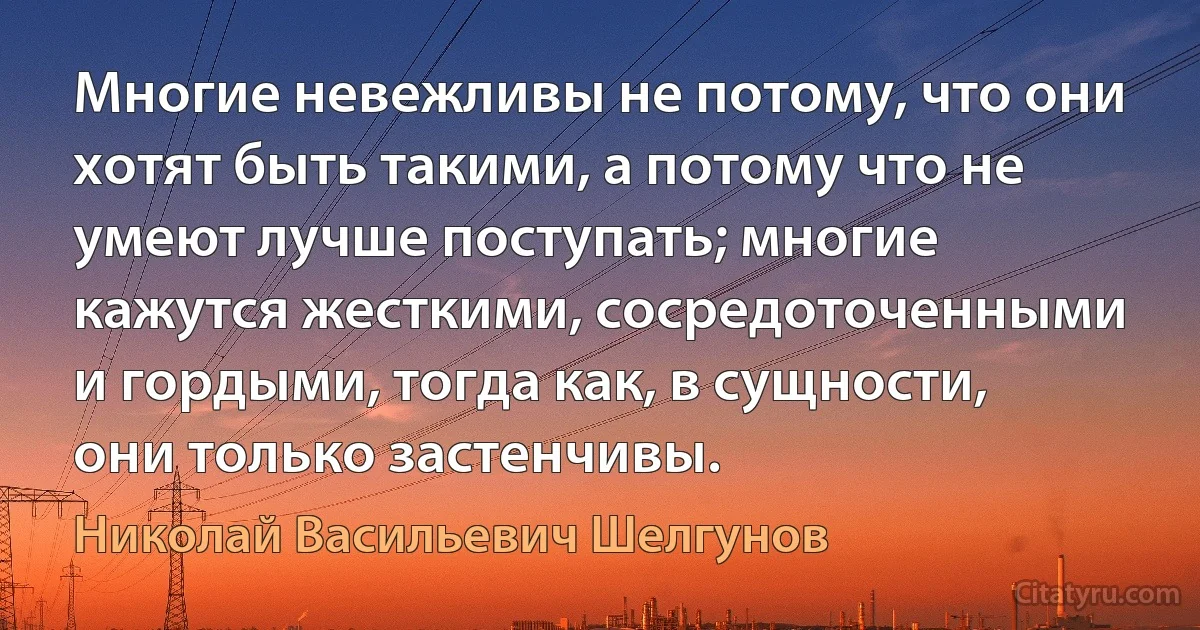 Многие невежливы не потому, что они хотят быть такими, а потому что не умеют лучше поступать; многие кажутся жесткими, сосредоточенными и гордыми, тогда как, в сущности, они только застенчивы. (Николай Васильевич Шелгунов)