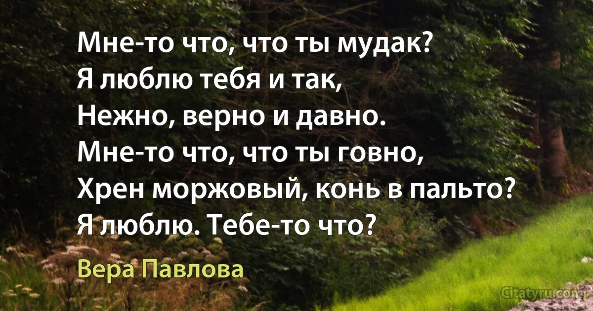 Мне-то что, что ты мудак?
Я люблю тебя и так,
Нежно, верно и давно.
Мне-то что, что ты говно,
Хрен моржовый, конь в пальто?
Я люблю. Тебе-то что? (Вера Павлова)