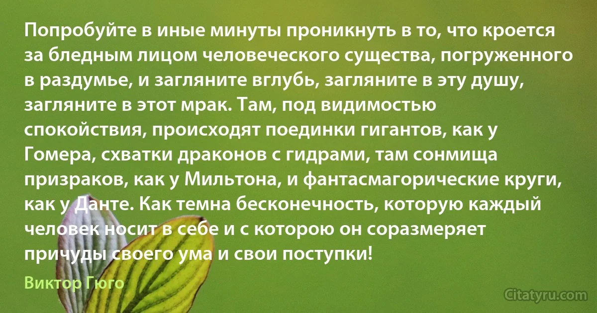 Попробуйте в иные минуты проникнуть в то, что кроется за бледным лицом человеческого существа, погруженного в раздумье, и загляните вглубь, загляните в эту душу, загляните в этот мрак. Там, под видимостью спокойствия, происходят поединки гигантов, как у Гомера, схватки драконов с гидрами, там сонмища призраков, как у Мильтона, и фантасмагорические круги, как у Данте. Как темна бесконечность, которую каждый человек носит в себе и с которою он соразмеряет причуды своего ума и свои поступки! (Виктор Гюго)