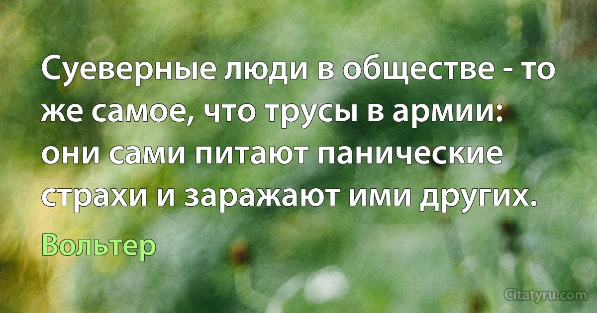 Суеверные люди в обществе - то же самое, что трусы в армии: они сами питают панические страхи и заражают ими других. (Вольтер)