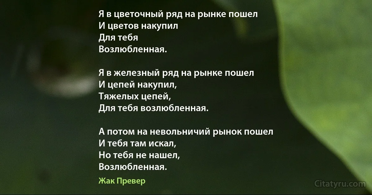 Я в цветочный ряд на рынке пошел
И цветов накупил
Для тебя
Возлюбленная.

Я в железный ряд на рынке пошел
И цепей накупил,
Тяжелых цепей, 
Для тебя возлюбленная.

А потом на невольничий рынок пошел 
И тебя там искал,
Но тебя не нашел,
Возлюбленная. (Жак Превер)