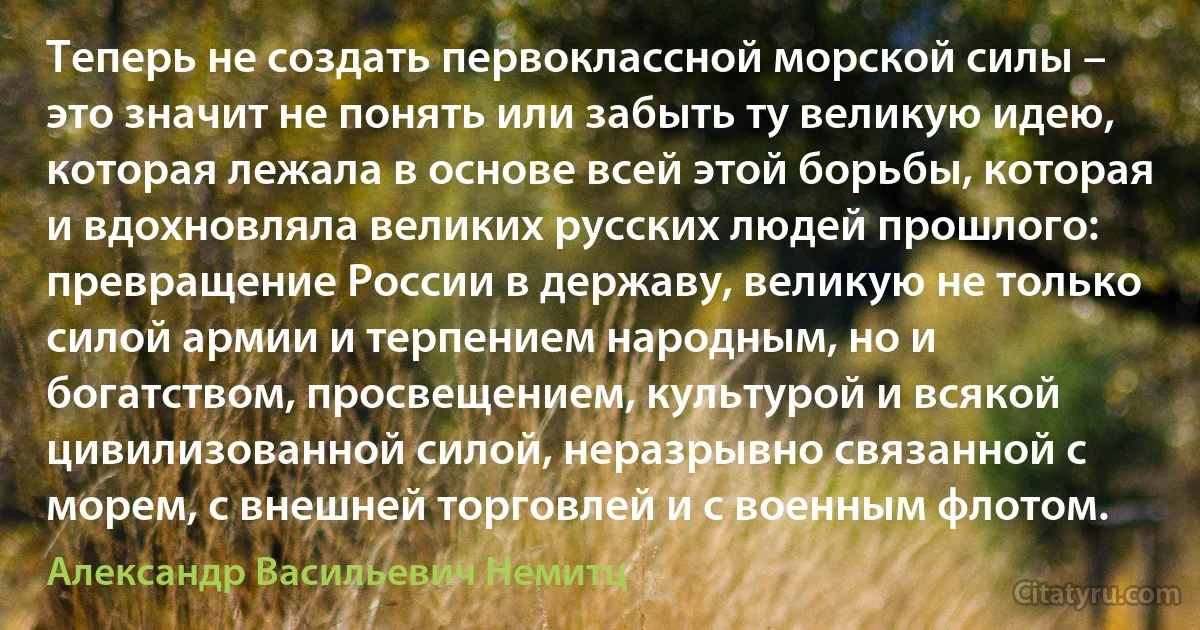 Теперь не создать первоклассной морской силы – это значит не понять или забыть ту великую идею, которая лежала в основе всей этой борьбы, которая и вдохновляла великих русских людей прошлого: превращение России в державу, великую не только силой армии и терпением народным, но и богатством, просвещением, культурой и всякой цивилизованной силой, неразрывно связанной с морем, с внешней торговлей и с военным флотом. (Александр Васильевич Немитц)