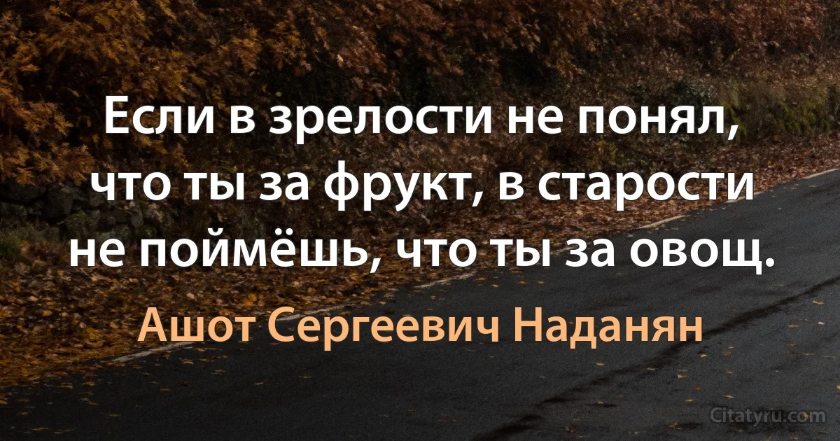 Если в зрелости не понял, что ты за фрукт, в старости не поймёшь, что ты за овощ. (Ашот Сергеевич Наданян)