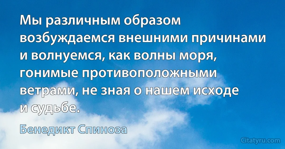 Мы различным образом возбуждаемся внешними причинами и волнуемся, как волны моря, гонимые противоположными ветрами, не зная о нашем исходе и судьбе. (Бенедикт Спиноза)