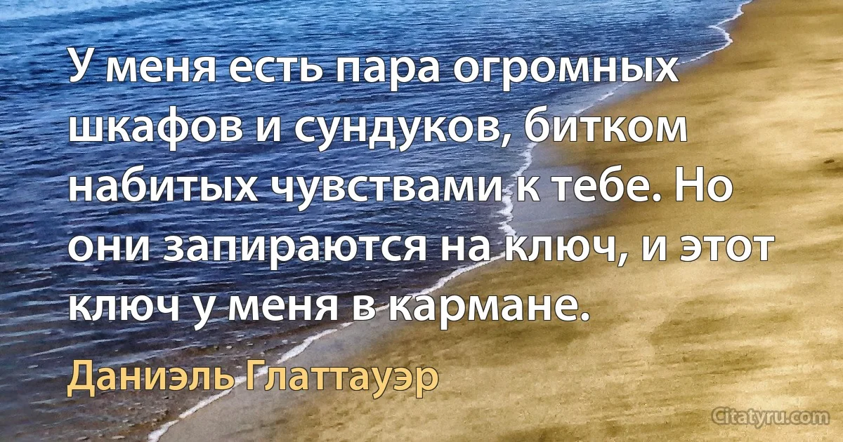 У меня есть пара огромных шкафов и сундуков, битком набитых чувствами к тебе. Но они запираются на ключ, и этот ключ у меня в кармане. (Даниэль Глаттауэр)