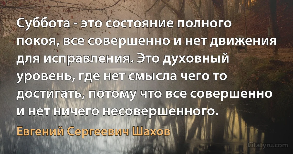 Суббота - это состояние полного покоя, все совершенно и нет движения для исправления. Это духовный уровень, где нет смысла чего то достигать, потому что все совершенно и нет ничего несовершенного. (Евгений Сергеевич Шахов)