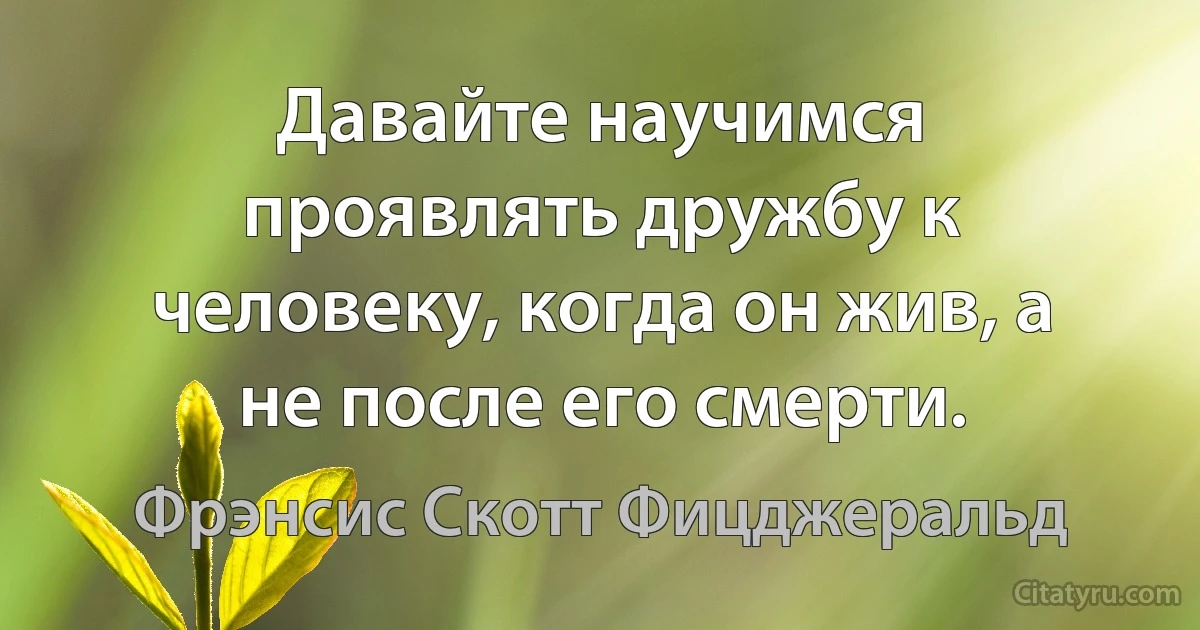 Давайте научимся проявлять дружбу к человеку, когда он жив, а не после его смерти. (Фрэнсис Скотт Фицджеральд)