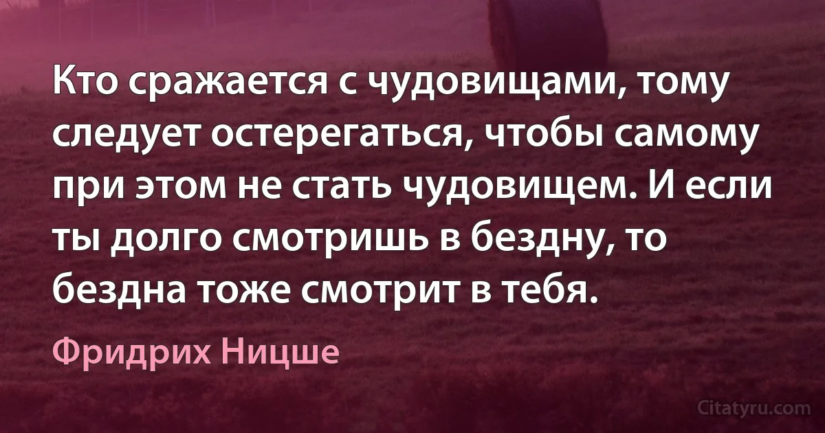 Кто сражается с чудовищами, тому следует остерегаться, чтобы самому при этом не стать чудовищем. И если ты долго смотришь в бездну, то бездна тоже смотрит в тебя. (Фридрих Ницше)