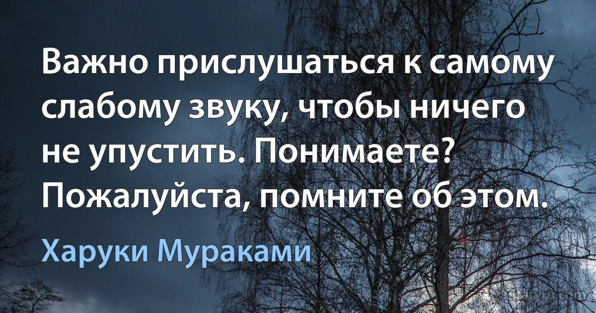 Важно прислушаться к самому слабому звуку, чтобы ничего не упустить. Понимаете? Пожалуйста, помните об этом. (Харуки Мураками)