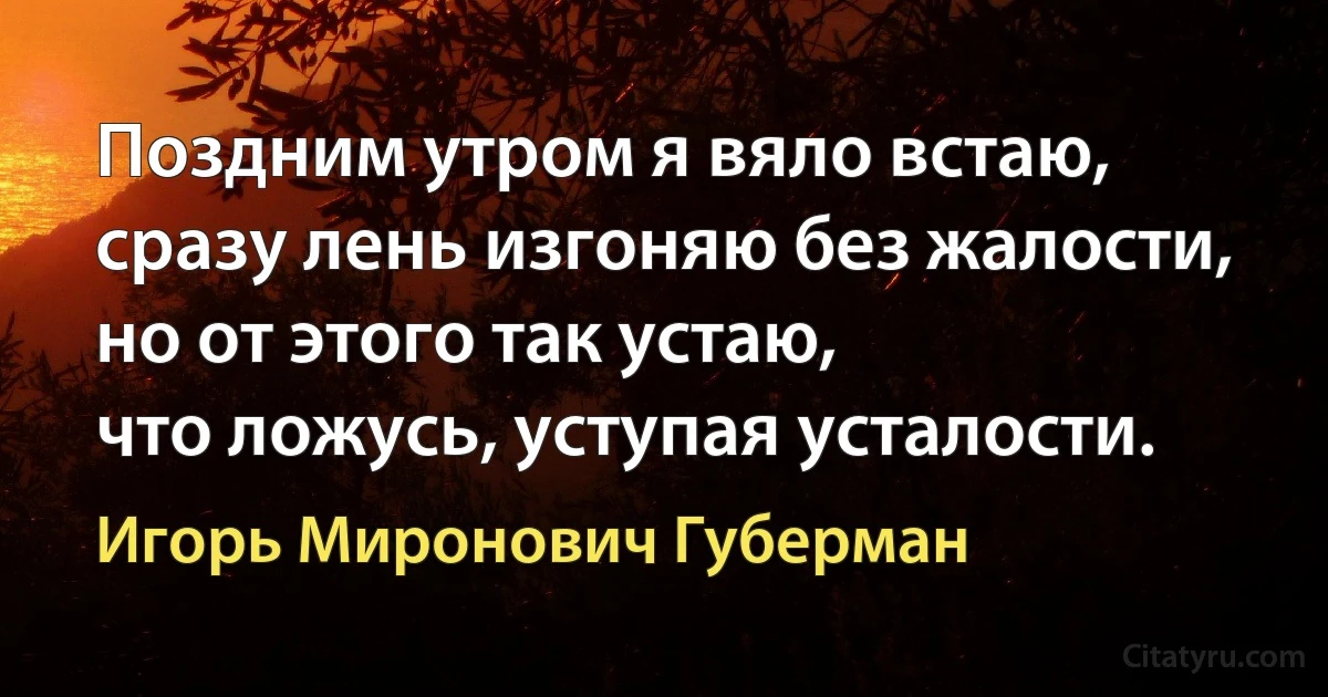 Поздним утром я вяло встаю,
сразу лень изгоняю без жалости,
но от этого так устаю,
что ложусь, уступая усталости. (Игорь Миронович Губерман)