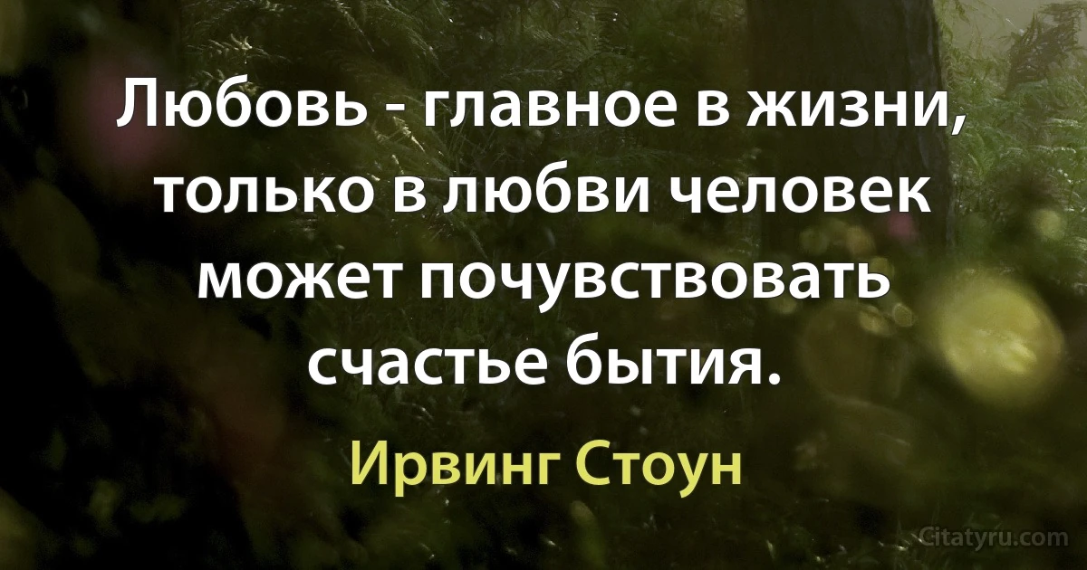 Любовь - главное в жизни, только в любви человек может почувствовать счастье бытия. (Ирвинг Стоун)