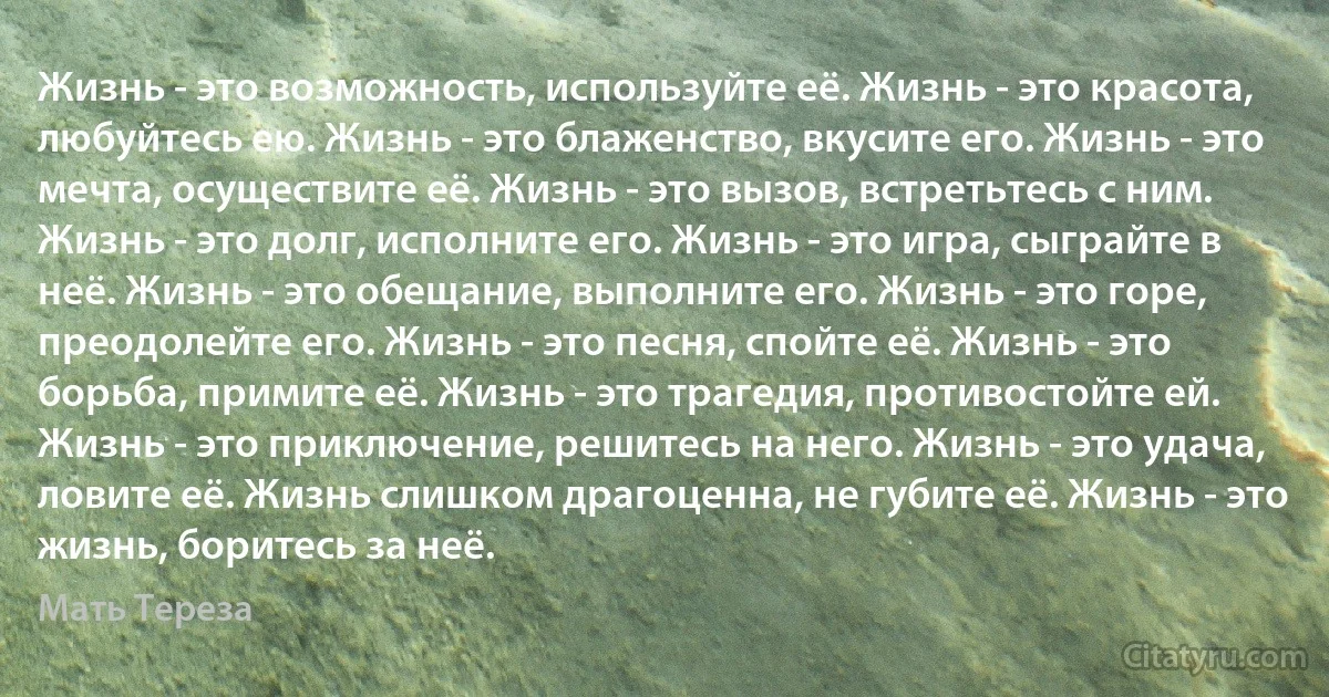 Жизнь - это возможность, используйте её. Жизнь - это красота, любуйтесь ею. Жизнь - это блаженство, вкусите его. Жизнь - это мечта, осуществите её. Жизнь - это вызов, встретьтесь с ним. Жизнь - это долг, исполните его. Жизнь - это игра, сыграйте в неё. Жизнь - это обещание, выполните его. Жизнь - это горе, преодолейте его. Жизнь - это песня, спойте её. Жизнь - это борьба, примите её. Жизнь - это трагедия, противостойте ей. Жизнь - это приключение, решитесь на него. Жизнь - это удача, ловите её. Жизнь слишком драгоценна, не губите её. Жизнь - это жизнь, боритесь за неё. (Мать Тереза)