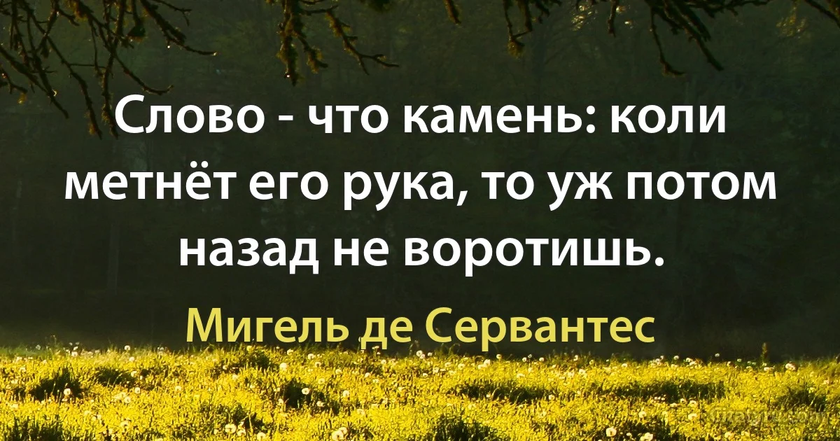 Слово - что камень: коли метнёт его рука, то уж потом назад не воротишь. (Мигель де Сервантес)