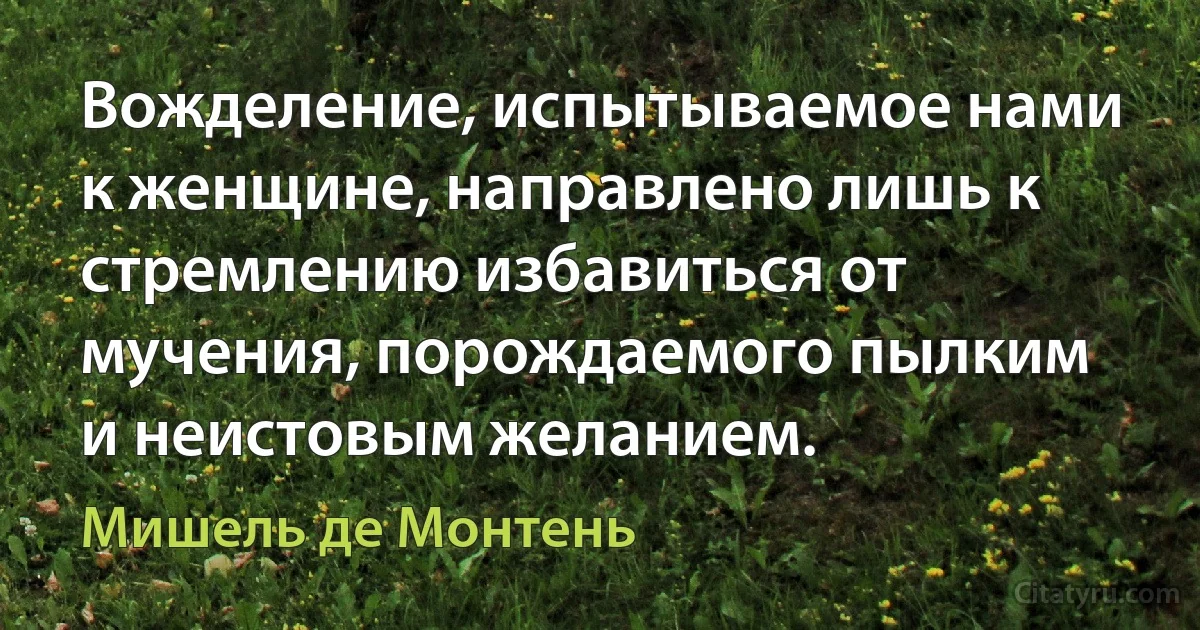 Вожделение, испытываемое нами к женщине, направлено лишь к стремлению избавиться от мучения, порождаемого пылким и неистовым желанием. (Мишель де Монтень)