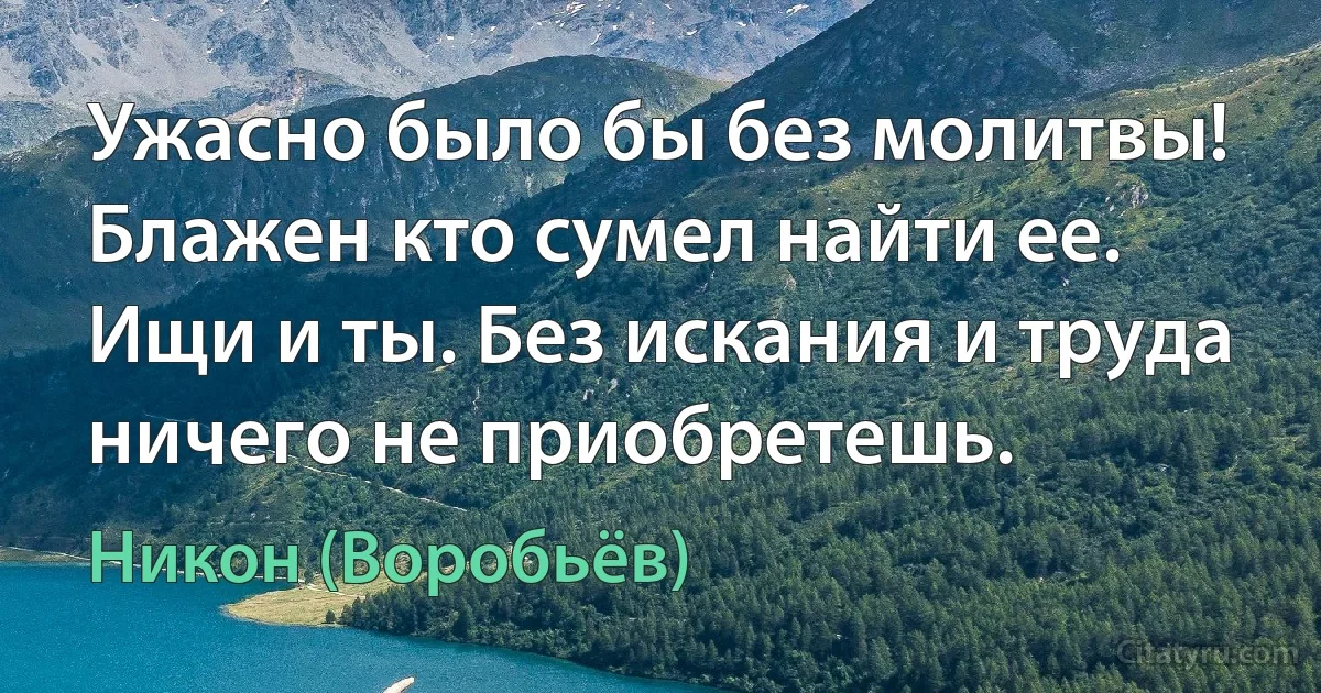 Ужасно было бы без молитвы! Блажен кто сумел найти ее. Ищи и ты. Без искания и труда ничего не приобретешь. (Никон (Воробьёв))