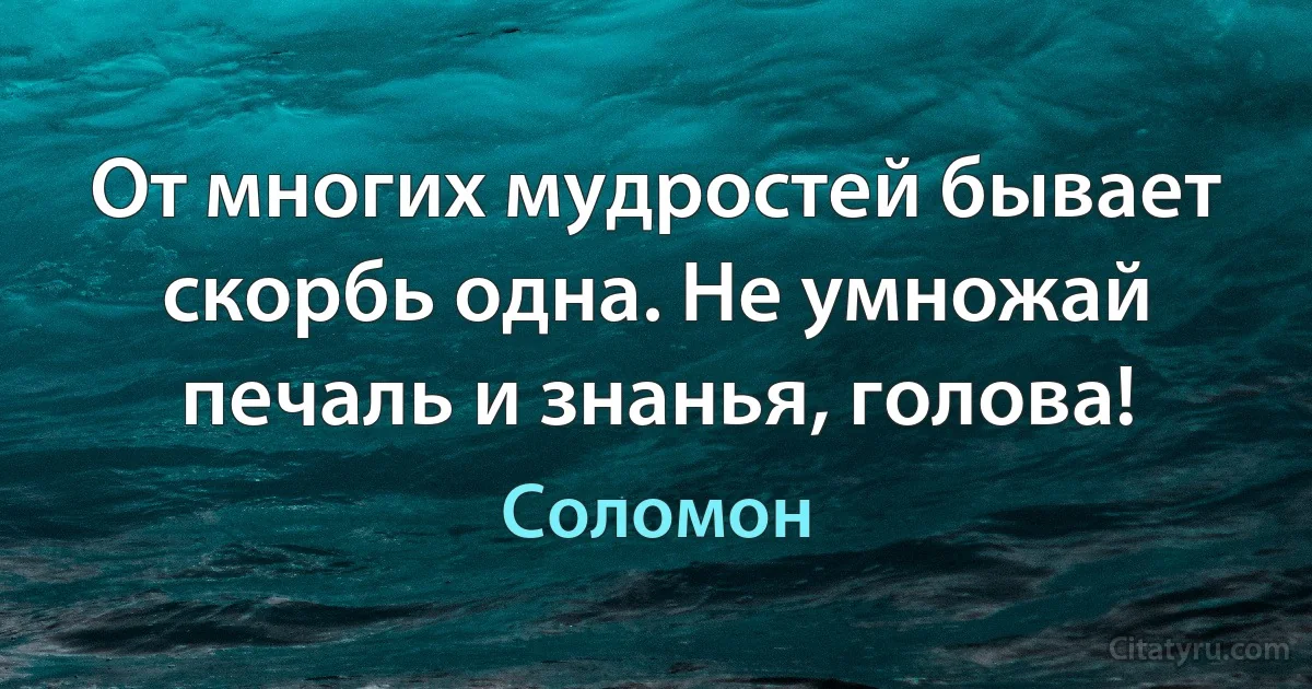 От многих мудростей бывает скорбь одна. Не умножай печаль и знанья, голова! (Соломон)