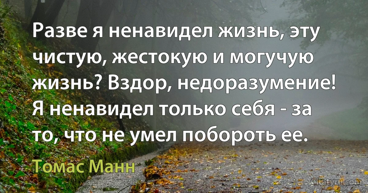 Разве я ненавидел жизнь, эту чистую, жестокую и могучую жизнь? Вздор, недоразумение! Я ненавидел только себя - за то, что не умел побороть ее. (Томас Манн)