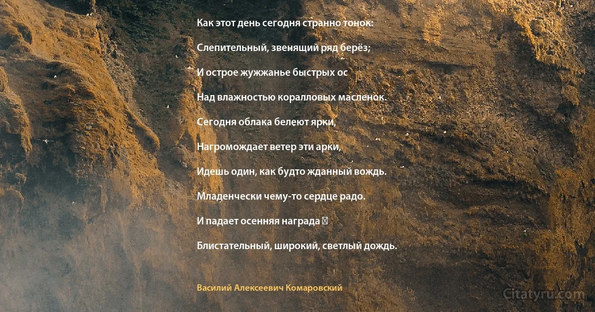 Как этот день сегодня странно тонок:

Слепительный, звенящий ряд берёз;

И острое жужжанье быстрых ос

Над влажностью коралловых масленок.

Сегодня облака белеют ярки,

Нагромождает ветер эти арки,

Идешь один, как будто жданный вождь.

Младенчески чему-то сердце радо.

И падает осенняя награда ―

Блистательный, широкий, светлый дождь. (Василий Алексеевич Комаровский)