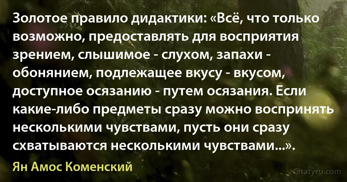 Золотое правило дидактики: «Всё, что только возможно, предоставлять для восприятия зрением, слышимое - слухом, запахи - обонянием, подлежащее вкусу - вкусом, доступное осязанию - путем осязания. Если какие-либо предметы сразу можно воспринять несколькими чувствами, пусть они сразу схватываются несколькими чувствами...». (Ян Амос Коменский)