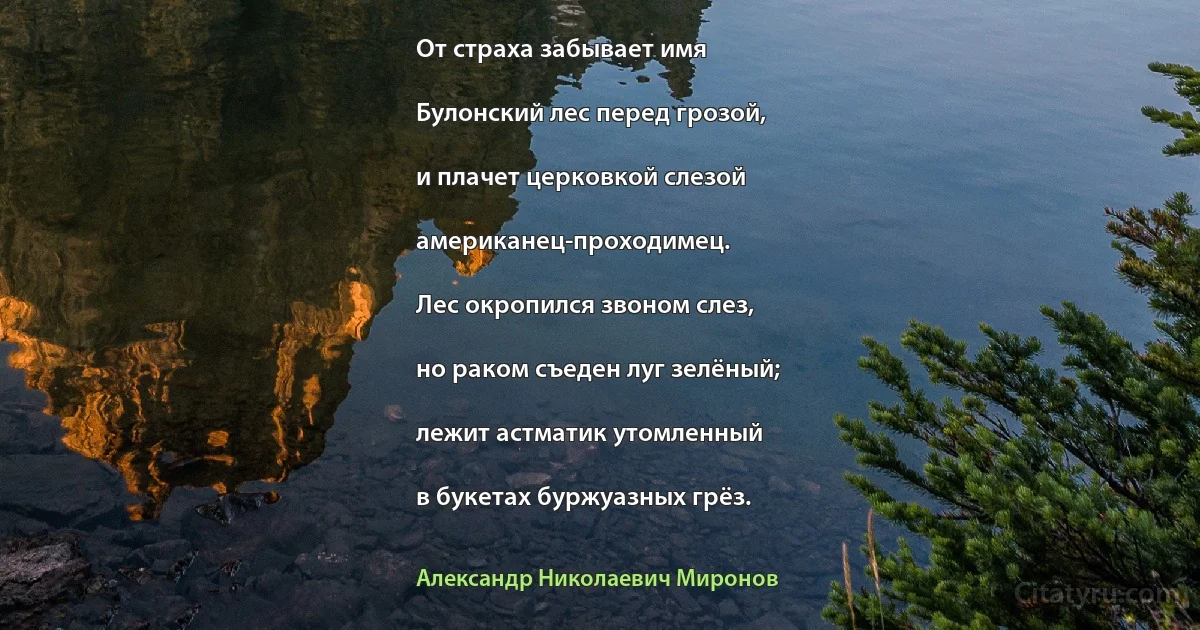 От страха забывает имя

Булонский лес перед грозой,

и плачет церковкой слезой

американец-проходимец.

Лес окропился звоном слез,

но раком съеден луг зелёный;

лежит астматик утомленный

в букетах буржуазных грёз. (Александр Николаевич Миронов)