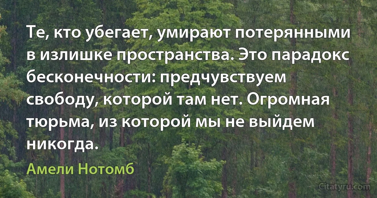 Те, кто убегает, умирают потерянными в излишке пространства. Это парадокс бесконечности: предчувствуем свободу, которой там нет. Огромная тюрьма, из которой мы не выйдем никогда. (Амели Нотомб)