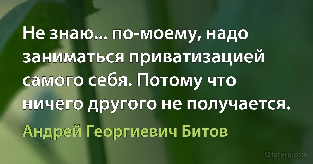 Не знаю... по-моему, надо заниматься приватизацией самого себя. Потому что ничего другого не получается. (Андрей Георгиевич Битов)