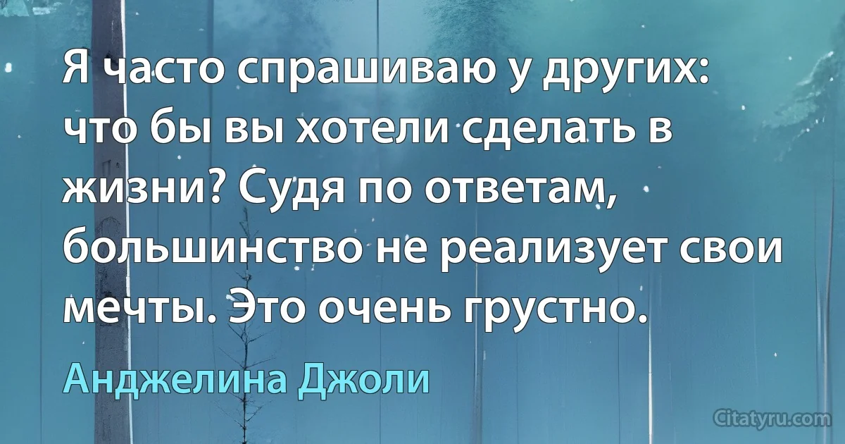 Я часто спрашиваю у других: что бы вы хотели сделать в жизни? Судя по ответам, большинство не реализует свои мечты. Это очень грустно. (Анджелина Джоли)