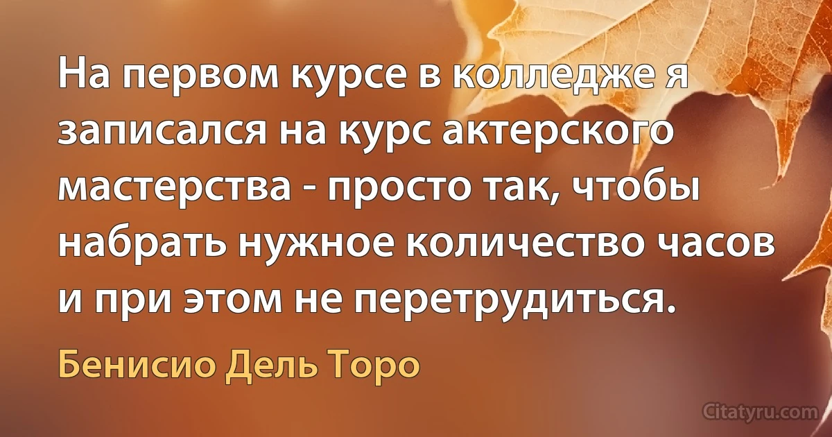 На первом курсе в колледже я записался на курс актерского мастерства - просто так, чтобы набрать нужное количество часов и при этом не перетрудиться. (Бенисио Дель Торо)