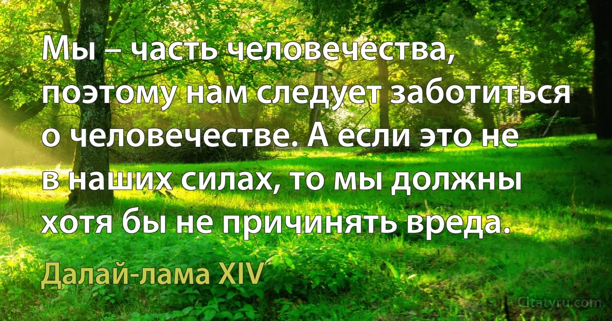 Мы – часть человечества, поэтому нам следует заботиться о человечестве. А если это не в наших силах, то мы должны хотя бы не причинять вреда. (Далай-лама XIV)