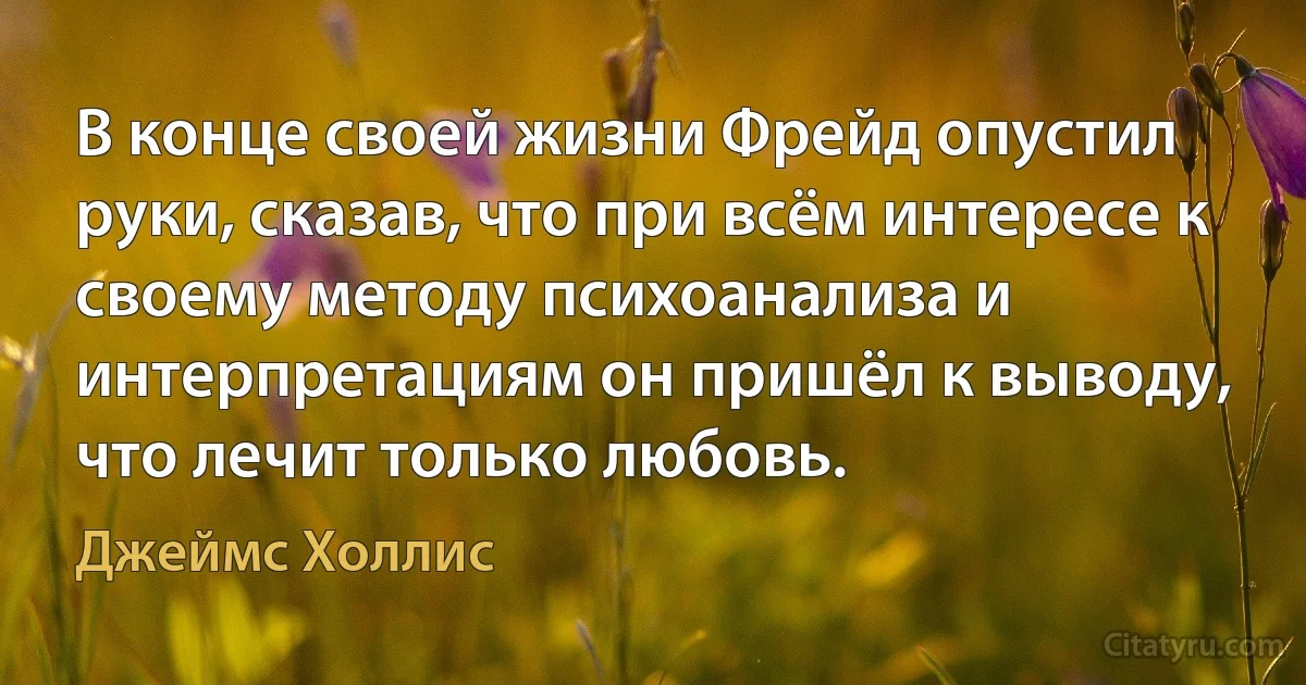 В конце своей жизни Фрейд опустил руки, сказав, что при всём интересе к своему методу психоанализа и интерпретациям он пришёл к выводу, что лечит только любовь. (Джеймс Холлис)