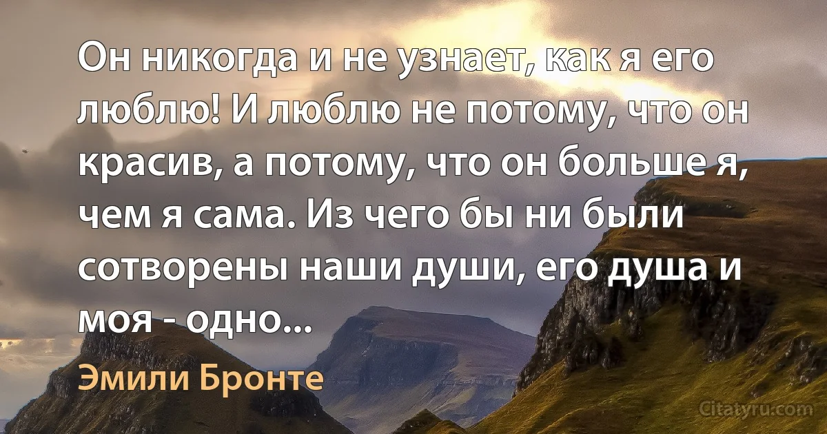 Он никогда и не узнает, как я его люблю! И люблю не потому, что он красив, а потому, что он больше я, чем я сама. Из чего бы ни были сотворены наши души, его душа и моя - одно... (Эмили Бронте)