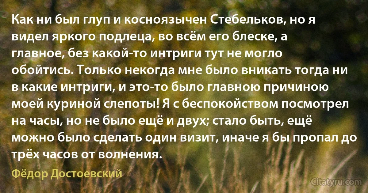 Как ни был глуп и косноязычен Стебельков, но я видел яркого подлеца, во всём его блеске, а главное, без какой-то интриги тут не могло обойтись. Только некогда мне было вникать тогда ни в какие интриги, и это-то было главною причиною моей куриной слепоты! Я с беспокойством посмотрел на часы, но не было ещё и двух; стало быть, ещё можно было сделать один визит, иначе я бы пропал до трёх часов от волнения. (Фёдор Достоевский)