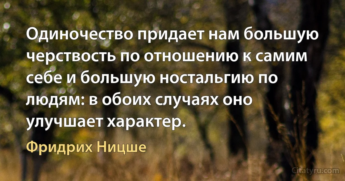 Одиночество придает нам большую черствость по отношению к самим себе и большую ностальгию по людям: в обоих случаях оно улучшает характер. (Фридрих Ницше)