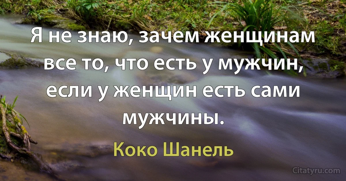 Я не знаю, зачем женщинам все то, что есть у мужчин, если у женщин есть сами мужчины. (Коко Шанель)