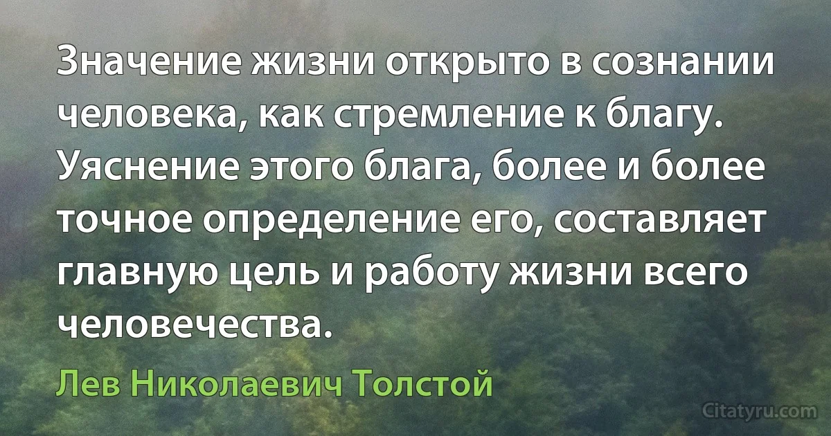 Значение жизни открыто в сознании человека, как стремление к благу. Уяснение этого блага, более и более точное определение его, составляет главную цель и работу жизни всего человечества. (Лев Николаевич Толстой)