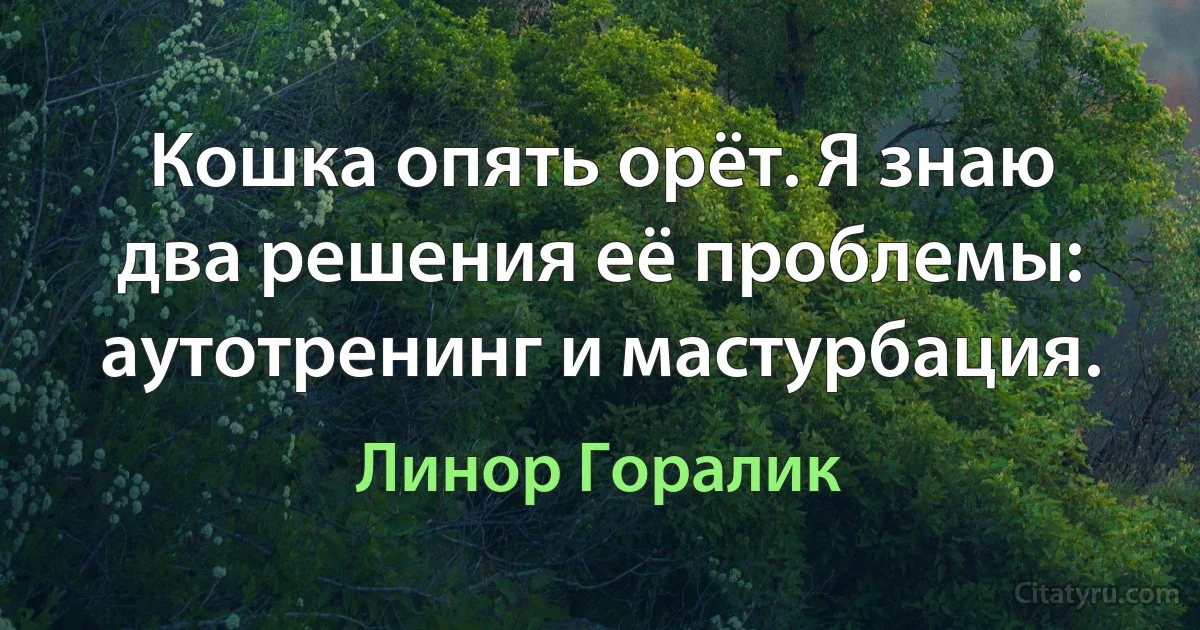 Кошка опять орёт. Я знаю два решения её проблемы: аутотренинг и мастурбация. (Линор Горалик)