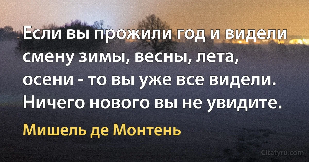 Если вы прожили год и видели смену зимы, весны, лета, осени - то вы уже все видели. Ничего нового вы не увидите. (Мишель де Монтень)