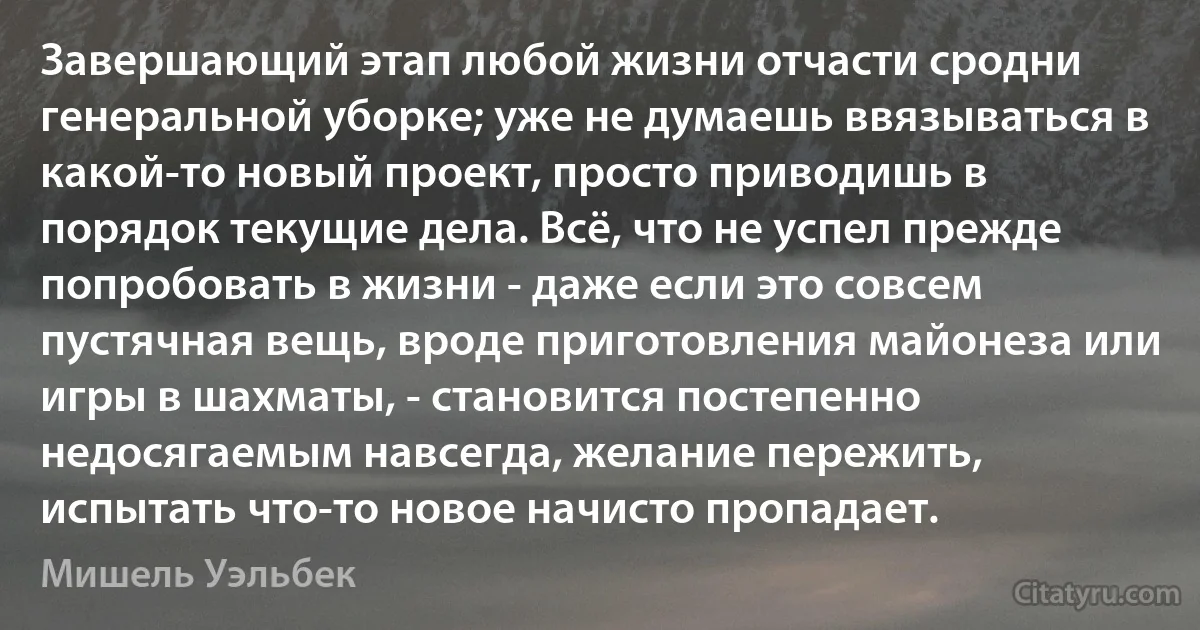 Завершающий этап любой жизни отчасти сродни генеральной уборке; уже не думаешь ввязываться в какой-то новый проект, просто приводишь в порядок текущие дела. Всё, что не успел прежде попробовать в жизни - даже если это совсем пустячная вещь, вроде приготовления майонеза или игры в шахматы, - становится постепенно недосягаемым навсегда, желание пережить, испытать что-то новое начисто пропадает. (Мишель Уэльбек)