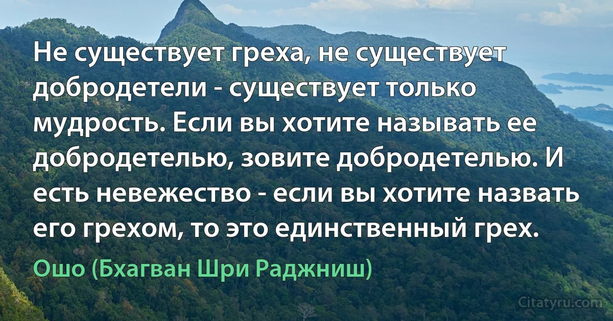 Не существует греха, не существует добродетели - существует только мудрость. Если вы хотите называть ее добродетелью, зовите добродетелью. И есть невежество - если вы хотите назвать его грехом, то это единственный грех. (Ошо (Бхагван Шри Раджниш))