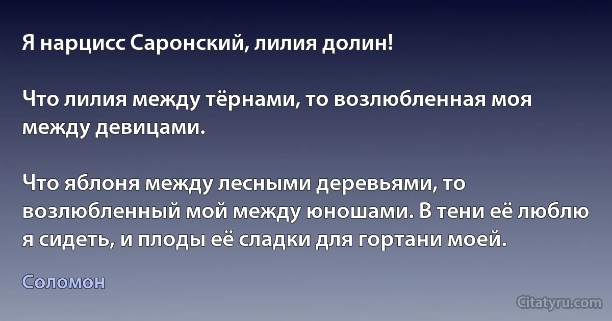 Я нарцисс Саронский, лилия долин!

Что лилия между тёрнами, то возлюбленная моя между девицами.

Что яблоня между лесными деревьями, то возлюбленный мой между юношами. В тени её люблю я сидеть, и плоды её сладки для гортани моей. (Соломон)