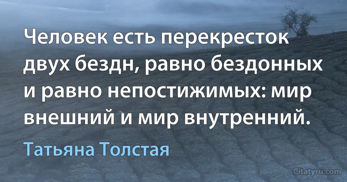 Человек есть перекресток двух бездн, равно бездонных и равно непостижимых: мир внешний и мир внутренний. (Татьяна Толстая)