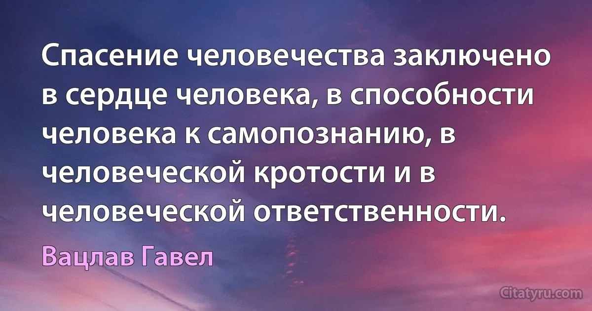 Спасение человечества заключено в сердце человека, в способности человека к самопознанию, в человеческой кротости и в человеческой ответственности. (Вацлав Гавел)