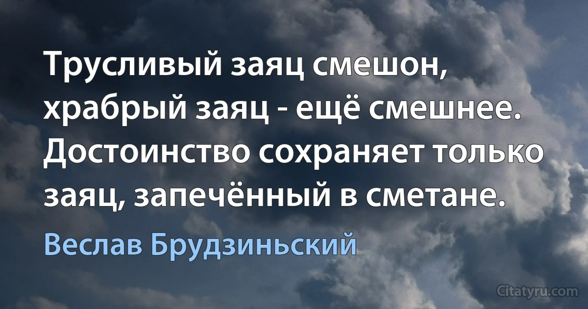 Трусливый заяц смешон, храбрый заяц - ещё смешнее. Достоинство сохраняет только заяц, запечённый в сметане. (Веслав Брудзиньский)