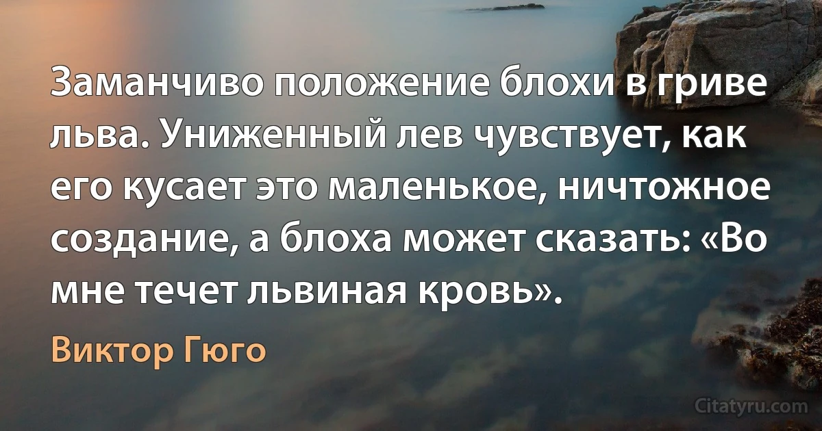 Заманчиво положение блохи в гриве льва. Униженный лев чувствует, как его кусает это маленькое, ничтожное создание, а блоха может сказать: «Во мне течет львиная кровь». (Виктор Гюго)