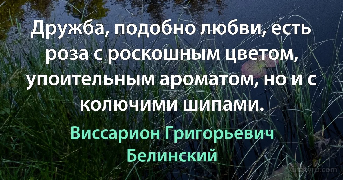 Дружба, подобно любви, есть роза с роскошным цветом, упоительным ароматом, но и с колючими шипами. (Виссарион Григорьевич Белинский)