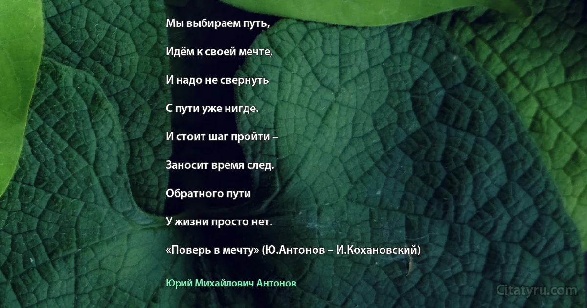 Мы выбираем путь,

Идём к своей мечте,

И надо не свернуть

С пути уже нигде.

И стоит шаг пройти –

Заносит время след.

Обратного пути

У жизни просто нет.

«Поверь в мечту» (Ю.Антонов – И.Кохановский) (Юрий Михайлович Антонов)