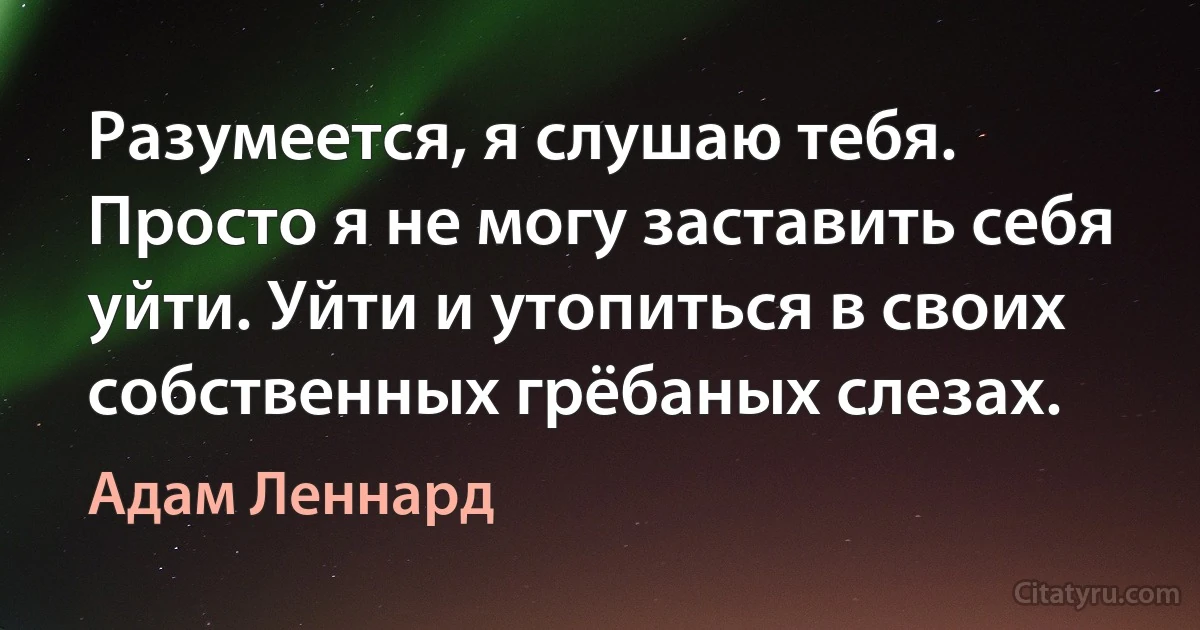 Разумеется, я слушаю тебя. Просто я не могу заставить себя уйти. Уйти и утопиться в своих собственных грёбаных слезах. (Адам Леннард)