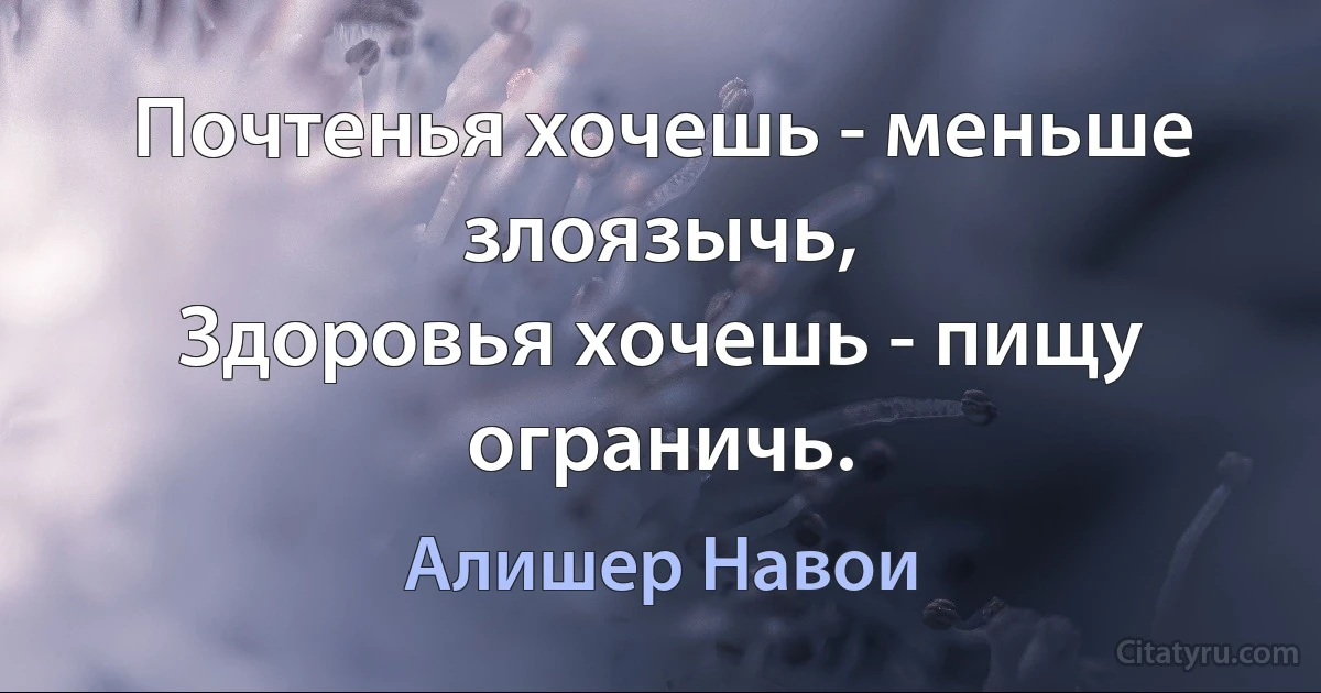 Почтенья хочешь - меньше злоязычь,
Здоровья хочешь - пищу ограничь. (Алишер Навои)