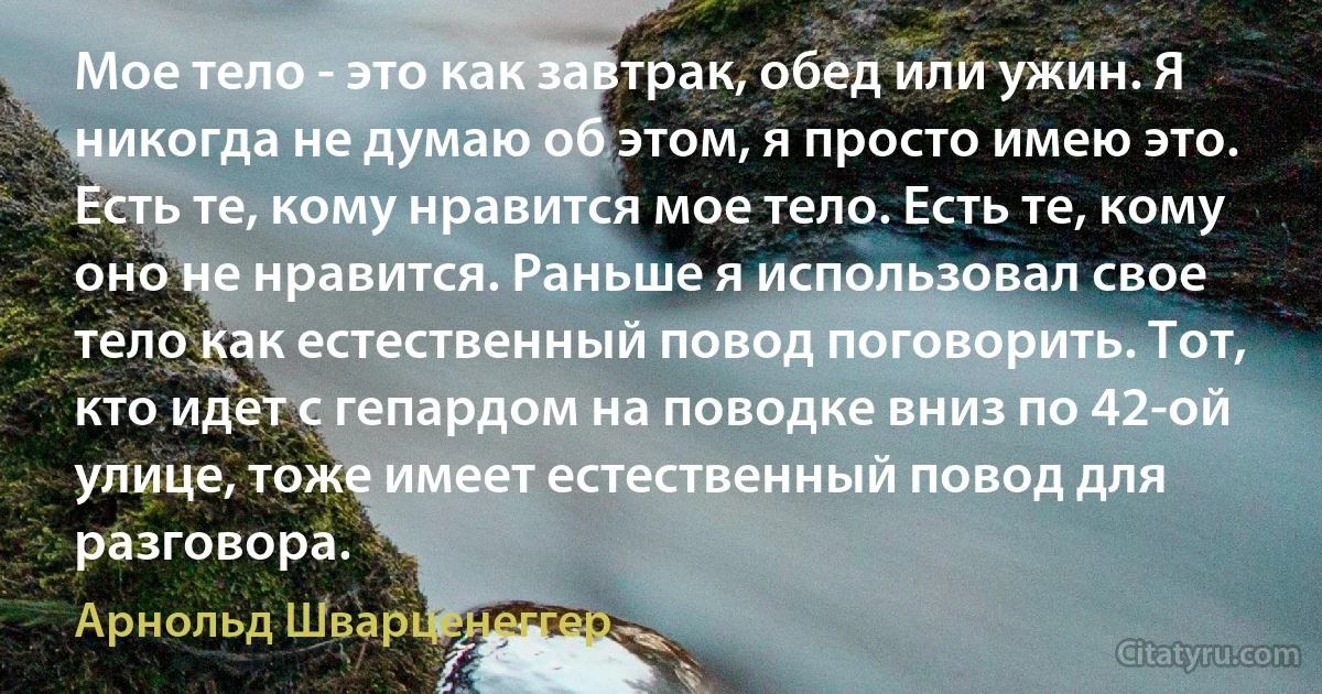 Мое тело - это как завтрак, обед или ужин. Я никогда не думаю об этом, я просто имею это. Есть те, кому нравится мое тело. Есть те, кому оно не нравится. Раньше я использовал свое тело как естественный повод поговорить. Тот, кто идет с гепардом на поводке вниз по 42-ой улице, тоже имеет естественный повод для разговора. (Арнольд Шварценеггер)